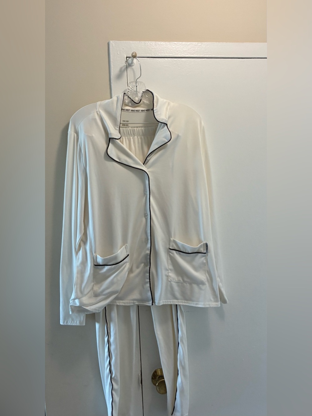 Nine West White Pajama Set with Black Piping